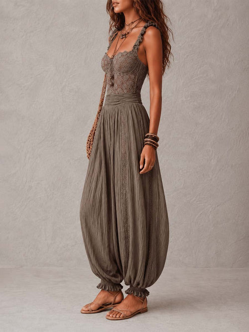 Ana&José™ | Conjunto de bandeau de encaje gris y pantalón harem de algodón plisado