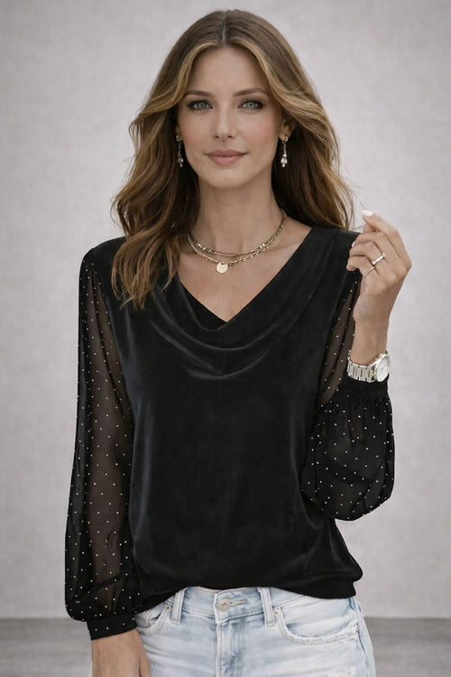 Amelia - Blusa con cuello drapeado y paneles semitransparentes