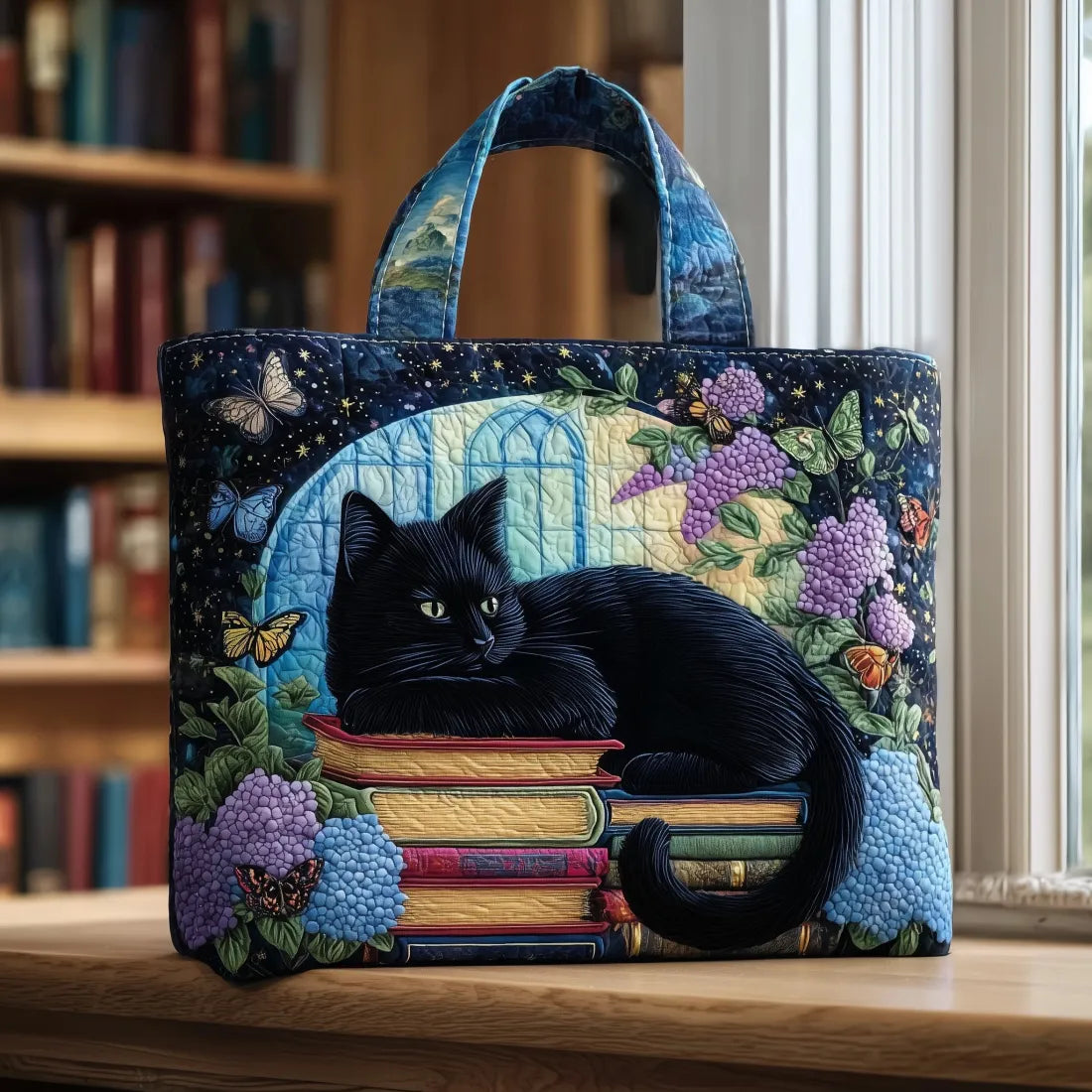Ana&José™ | Bolso artesanal Gato Negro entre libros