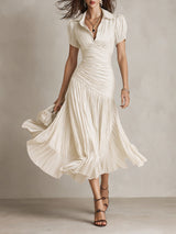 Adriana | Vestido midi satinado de rayas retro