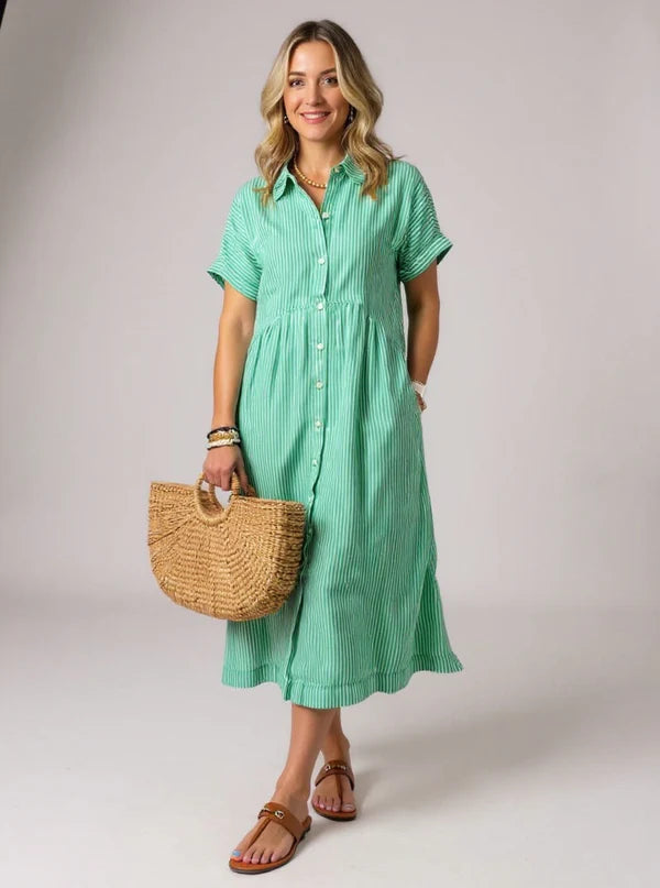 Sara™ – Vestido camisero de rayas con corte relajado y bolsillos laterales