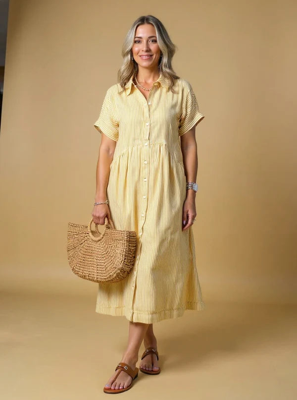 Sara™ – Vestido camisero de rayas con corte relajado y bolsillos laterales