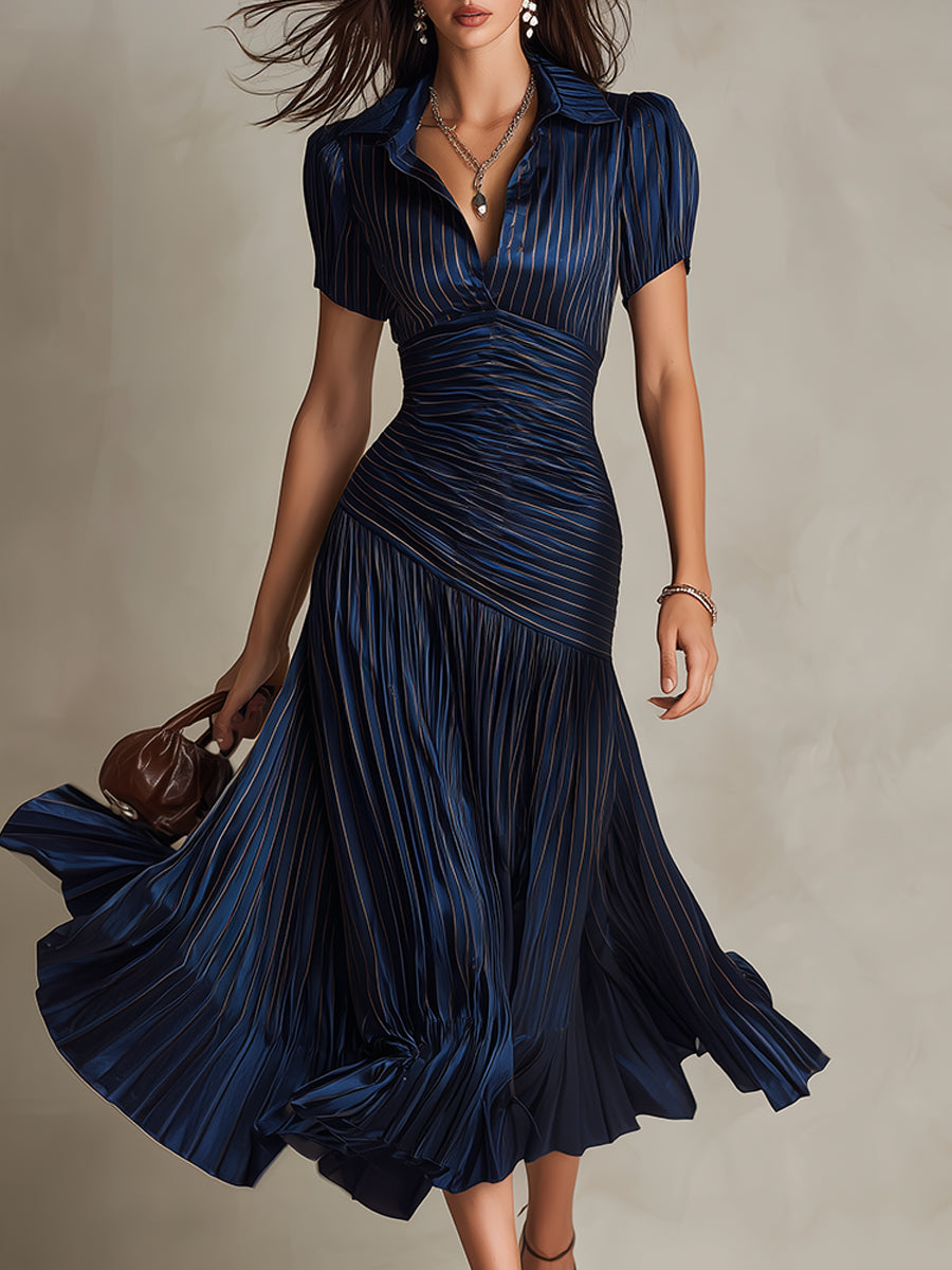Adriana | Vestido midi satinado de rayas retro