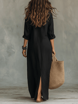 Vestido maxi bohemio negro con botones en la parte delantera