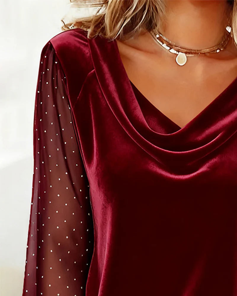Amelia - Blusa con cuello drapeado y paneles semitransparentes
