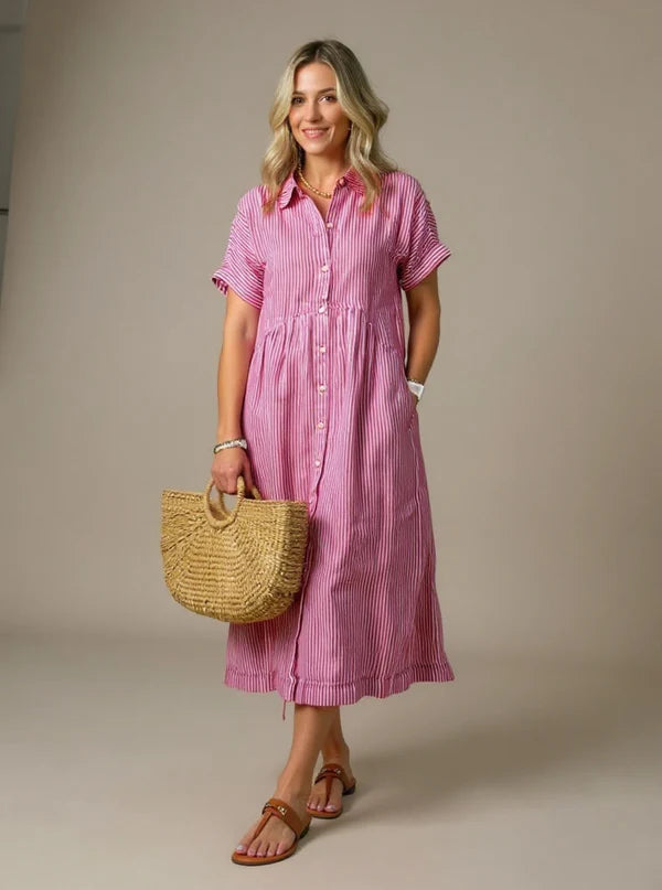 Sara™ – Vestido camisero de rayas con corte relajado y bolsillos laterales