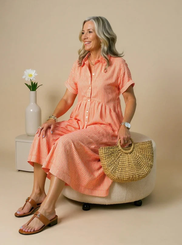 Sara™ – Vestido camisero de rayas con corte relajado y bolsillos laterales