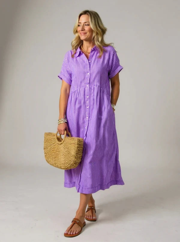 Sara™ – Vestido camisero de rayas con corte relajado y bolsillos laterales