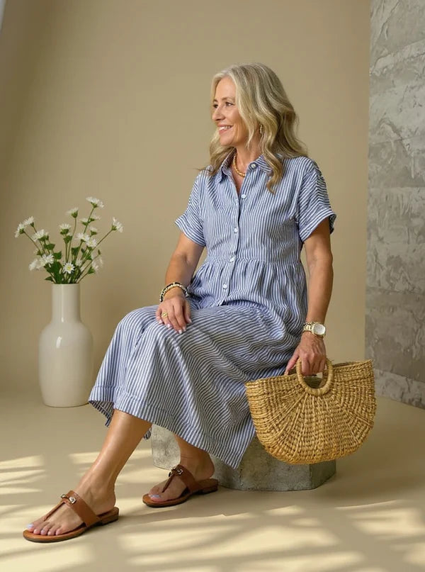 Sara™ – Vestido camisero de rayas con corte relajado y bolsillos laterales