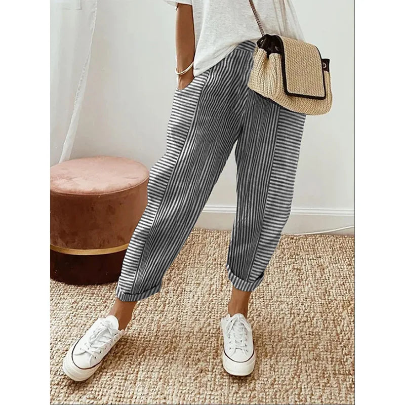 Pantalones de rayas verticales para mujer, pantalones de corte holgado a rayas, pantalones estampados con cordón ajustable, ropa de calle