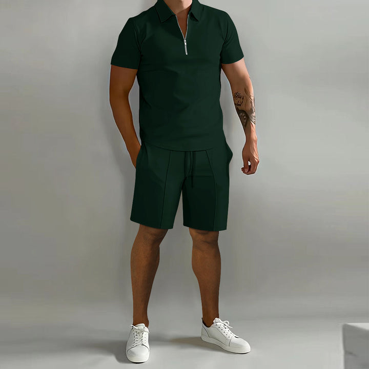 Conjunto de Verano para Hombre de Dos Piezas con Camisa Polo con Cremallera y Pantalones Cortos