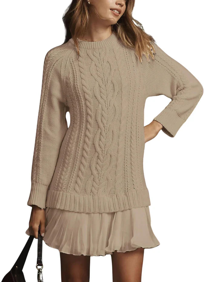 Olga - Jersey de cuello redondo con punto trenzado y minifalda