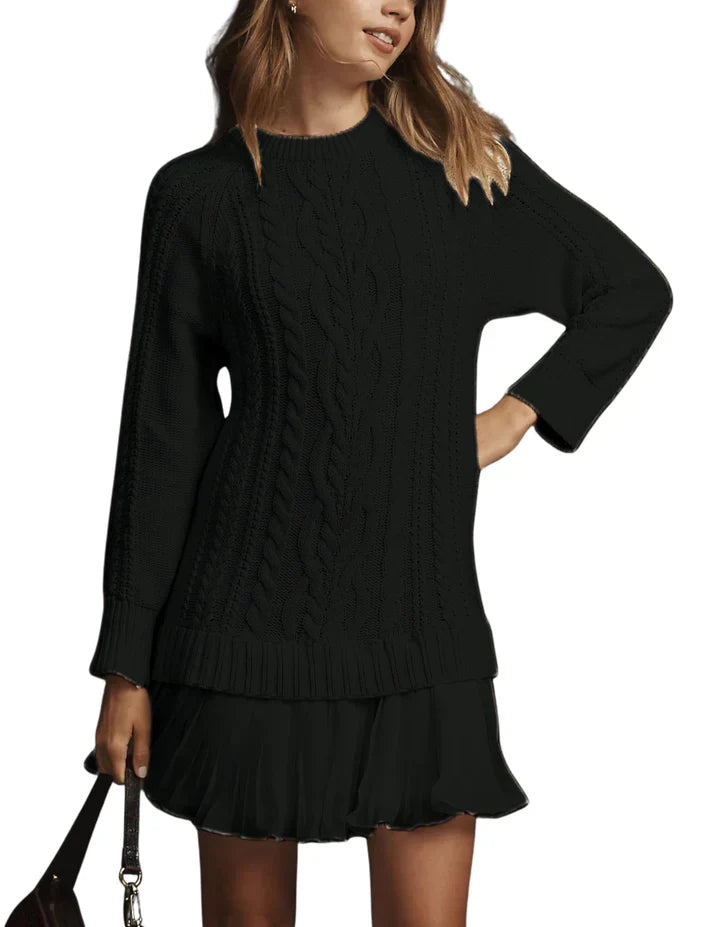Olga - Jersey de cuello redondo con punto trenzado y minifalda