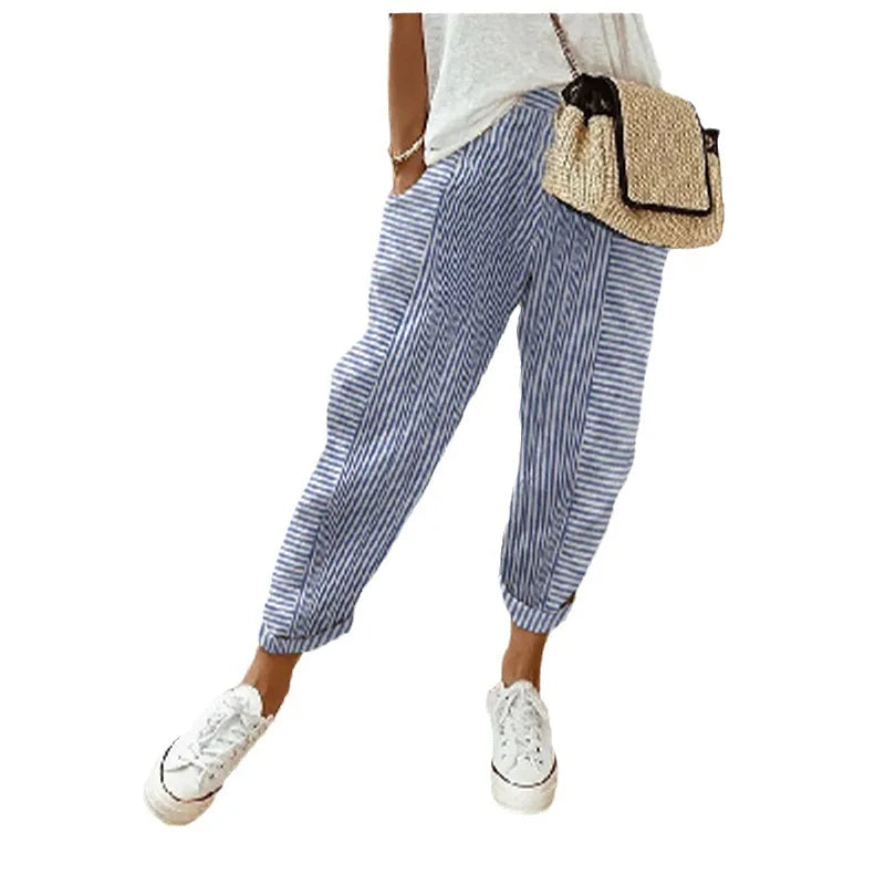 Pantalones de rayas verticales para mujer, pantalones de corte holgado a rayas, pantalones estampados con cordón ajustable, ropa de calle
