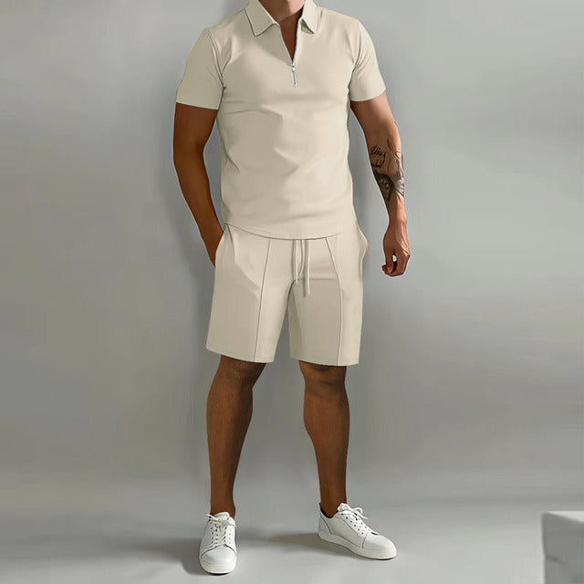 Conjunto de Verano para Hombre de Dos Piezas con Camisa Polo con Cremallera y Pantalones Cortos