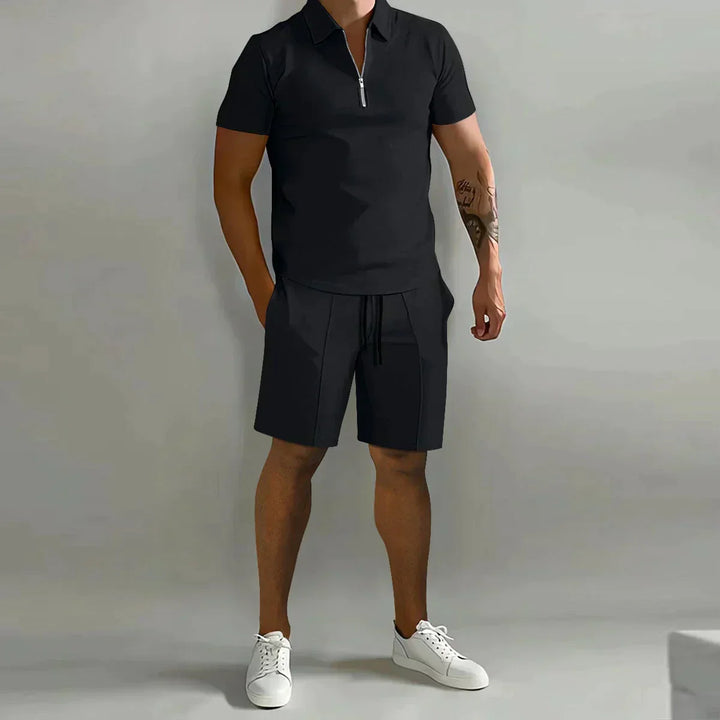 Conjunto de Verano para Hombre de Dos Piezas con Camisa Polo con Cremallera y Pantalones Cortos