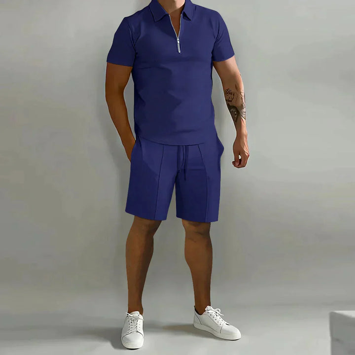 Conjunto de Verano para Hombre de Dos Piezas con Camisa Polo con Cremallera y Pantalones Cortos
