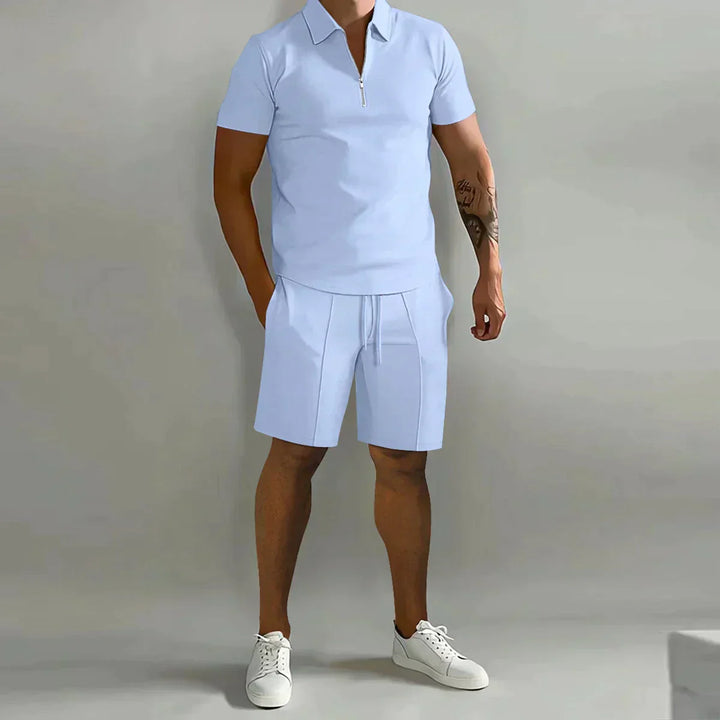 Conjunto de Verano para Hombre de Dos Piezas con Camisa Polo con Cremallera y Pantalones Cortos