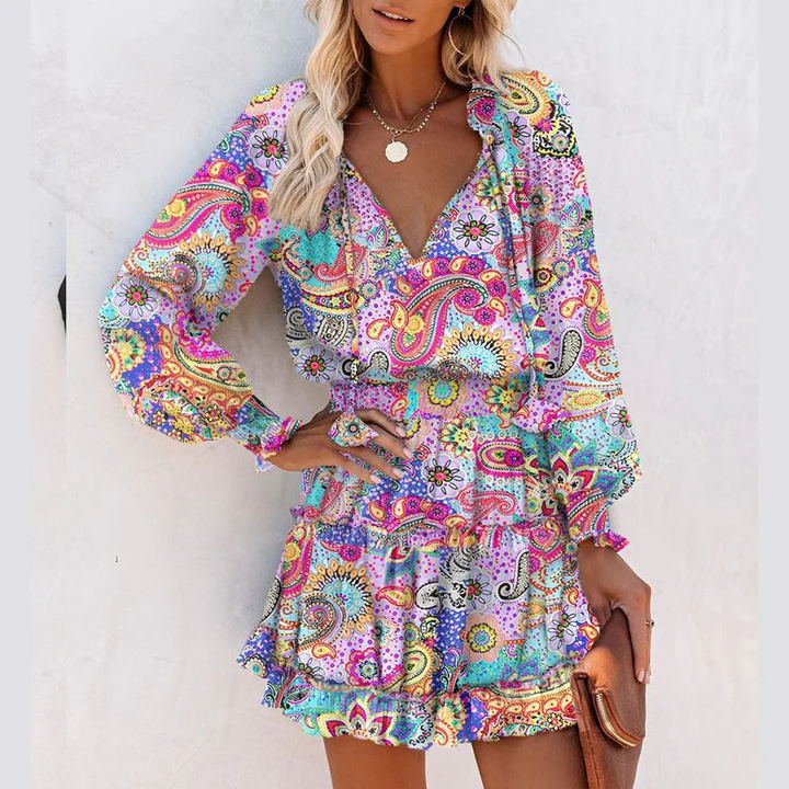 Ariana - Vestido mini con escote en V, manga larga y volantes