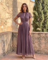 Ana&José™ | Vestido largo morado con escote en forma de llave, borde de encaje de chiffon
