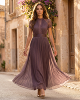 Ana&José™ | Vestido largo morado con escote en forma de llave, borde de encaje de chiffon