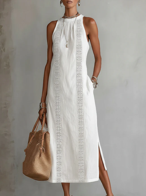 Jimena | Vestido midi de lino con cuello mao
