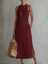 Jimena | Vestido midi de lino con cuello mao