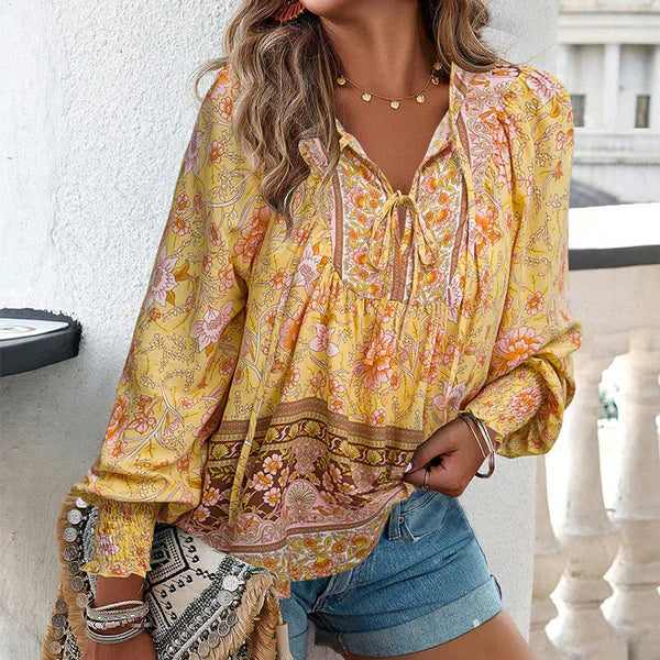 Celine - Blusa femenina de manga larga con cuello en V y estampado floral