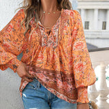 Celine - Blusa femenina de manga larga con cuello en V y estampado floral