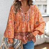 Celine - Blusa femenina de manga larga con cuello en V y estampado floral