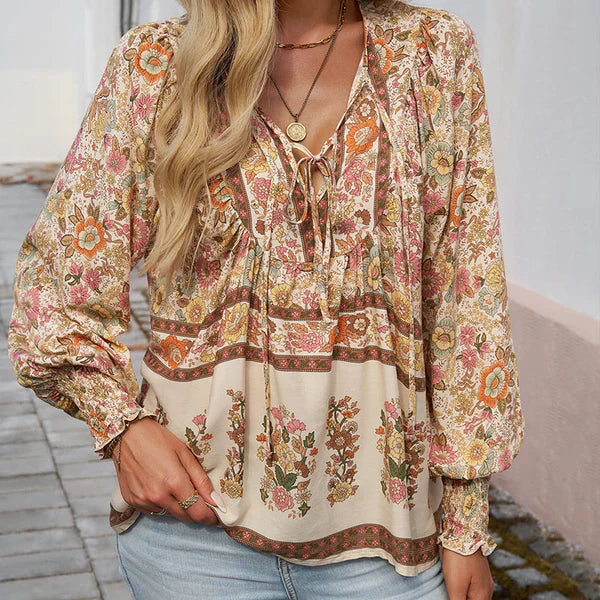 Celine - Blusa femenina de manga larga con cuello en V y estampado floral