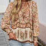 Celine - Blusa femenina de manga larga con cuello en V y estampado floral