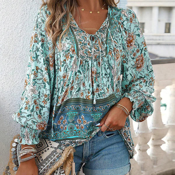 Celine - Blusa femenina de manga larga con cuello en V y estampado floral