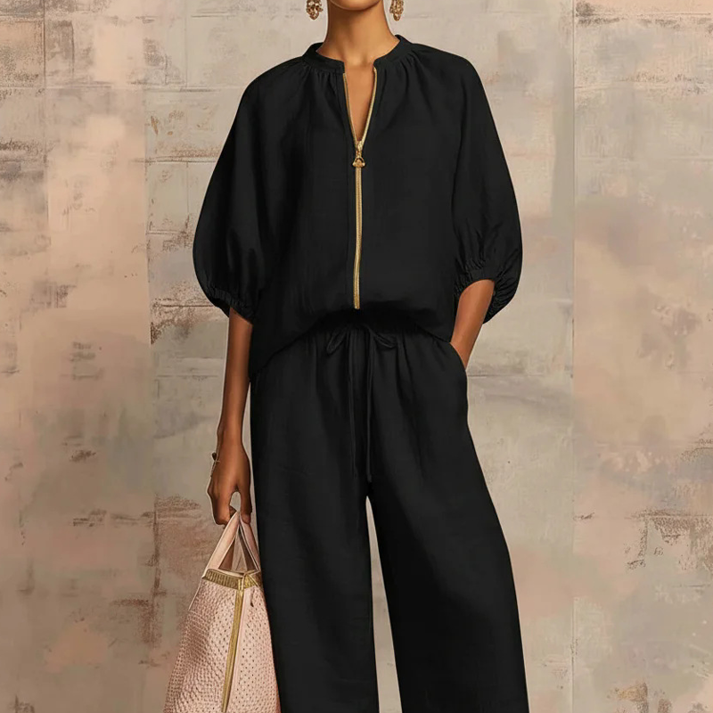 Ana&José™ | ✨ ¡50% DESCUENTO! 👕 Conjunto de chándal unicolor para mujer – Pantalón ancho, mangas abullonadas y cordón ajustable 🍂