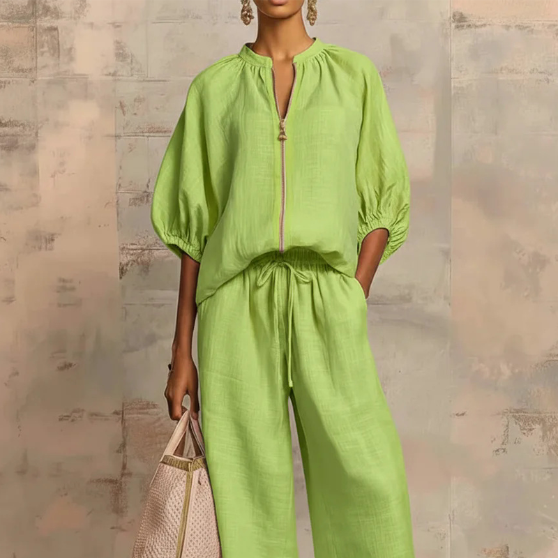 Ana&José™ | ✨ ¡50% DESCUENTO! 👕 Conjunto de chándal unicolor para mujer – Pantalón ancho, mangas abullonadas y cordón ajustable 🍂