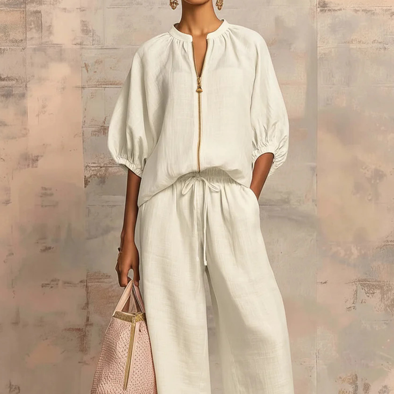 Ana&José™ | ✨ ¡50% DESCUENTO! 👕 Conjunto de chándal unicolor para mujer – Pantalón ancho, mangas abullonadas y cordón ajustable 🍂