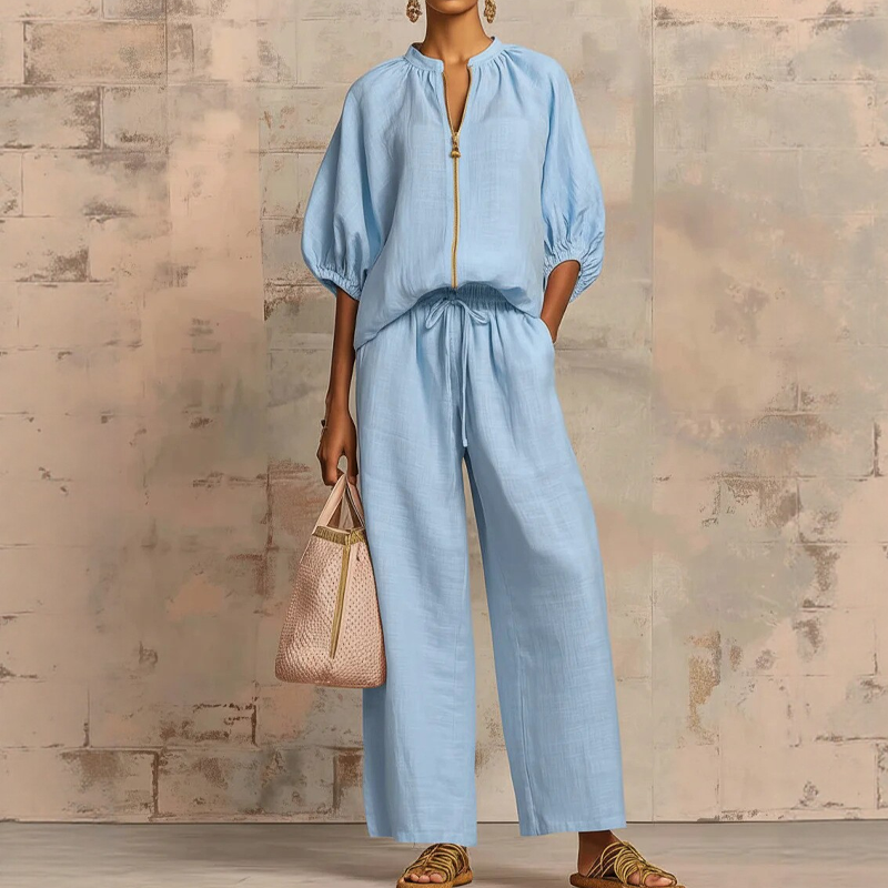 Ana&José™ | ✨ ¡50% DESCUENTO! 👕 Conjunto de chándal unicolor para mujer – Pantalón ancho, mangas abullonadas y cordón ajustable 🍂