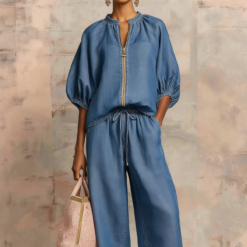 Ana&José™ | ✨ ¡50% DESCUENTO! 👕 Conjunto de chándal unicolor para mujer – Pantalón ancho, mangas abullonadas y cordón ajustable 🍂